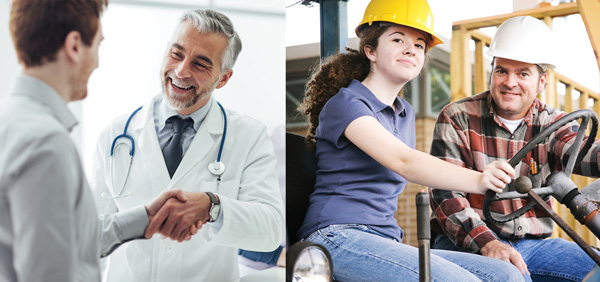 Two photo collage showing; A 20-something male shaking hands with an older male physician, and a 20-something woman wearing a hardhat and seated on a tractor at a construction site with a male employer nearby